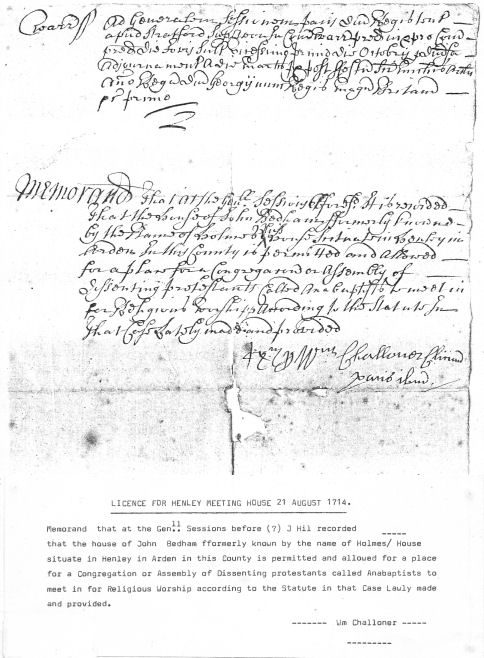 Licence for Henley meeting house 1714