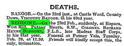 Death notice of Richard Henry Beddome in the Times