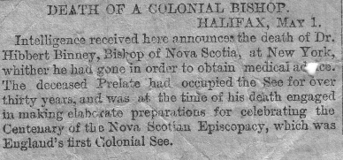 Announcement of death of Rt Rev Hibbert Binney