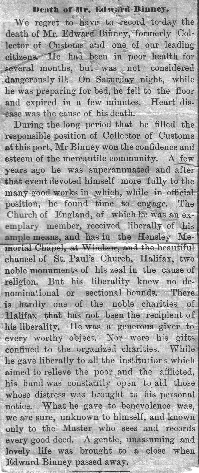 Edward Binney first obituary