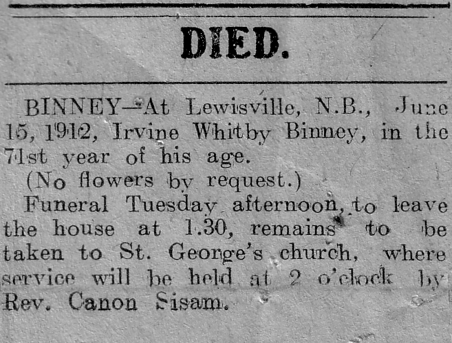 Irwin Binney notice of death
