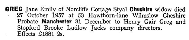 Probate of Jane Emily Greg (born Dibblee)