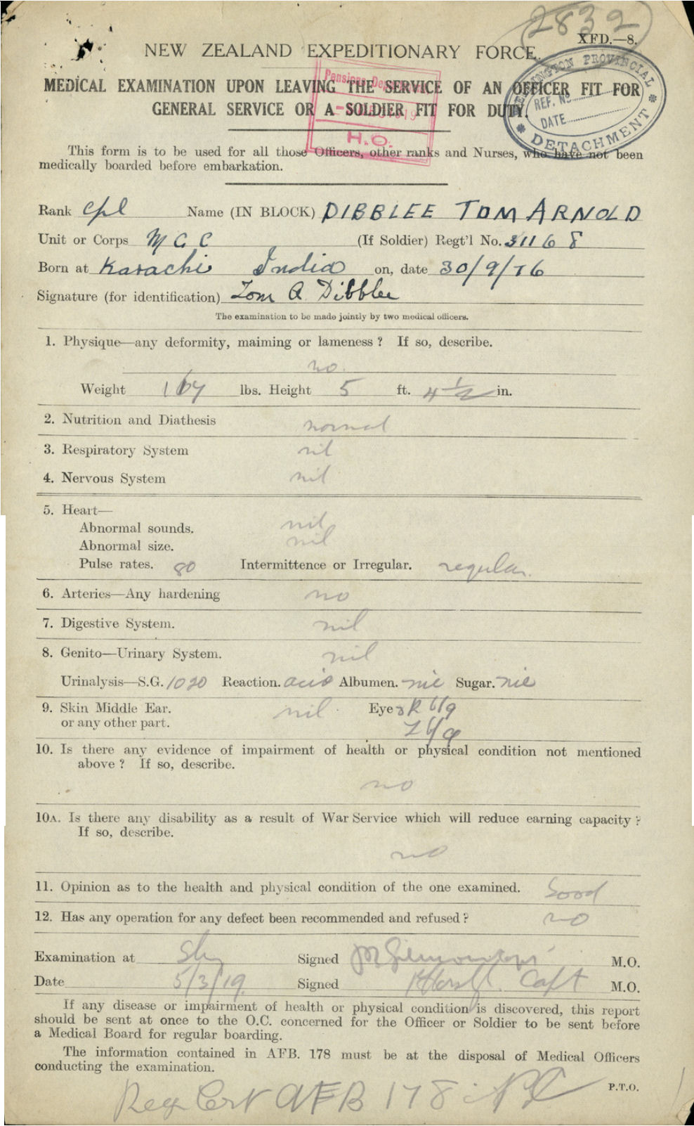 Medical Discharge record of Tom Arnold Dibblee