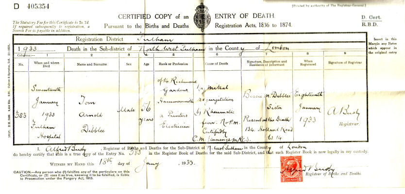 Death certificate of Tom Arnold Dibblee