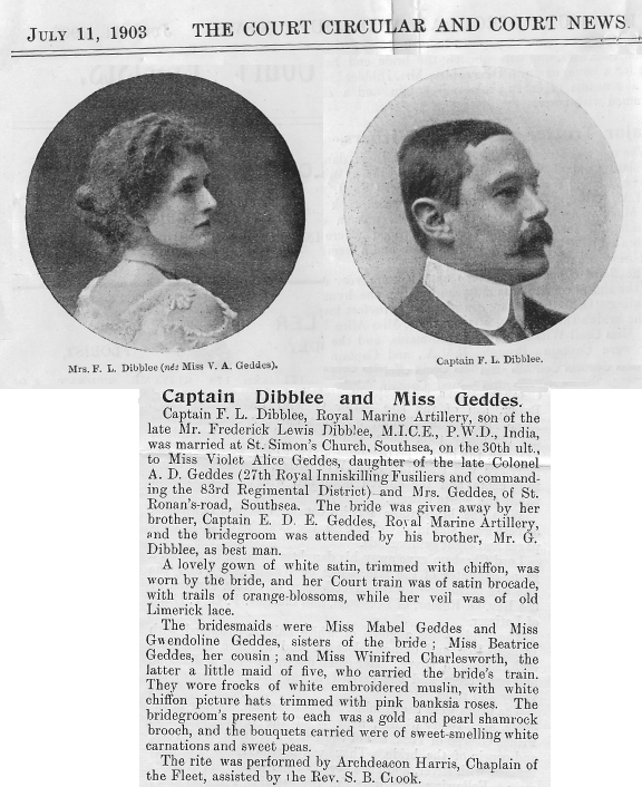 Newspaper account of the wedding of Frederick and Violet Dibblee