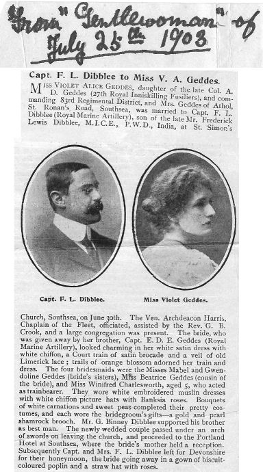 Newspaper account of the wedding of Frederick and Violet Dibblee