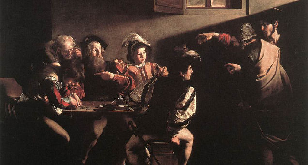 1599-1600 The Calling of Saint Matthew (detail) by Caravaggio (1571-1610)