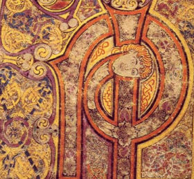 Illuminated initial from Lindisfarne gospel, late 7th century or early 8th century