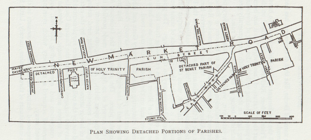 Parish boundaries along Maids Causeway